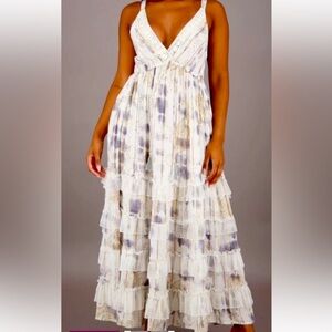 Chic White and Gray Ruffled Maxi Dress